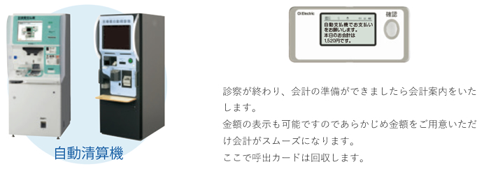 診察が終わり、会計の準備ができましたら会計案内をいたします。金額の表示も可能ですのであらかじめ金額をご用意いただけ会計がスムーズになります。ここで呼出カードは回収します。